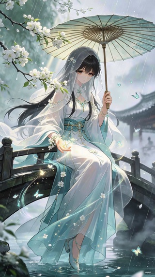古风雨天撑伞女孩