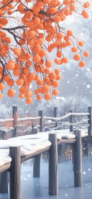 雪中桥边柿子树