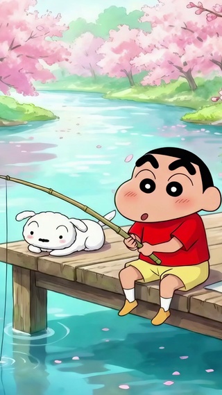樱花溪畔钓鱼的小新与小白