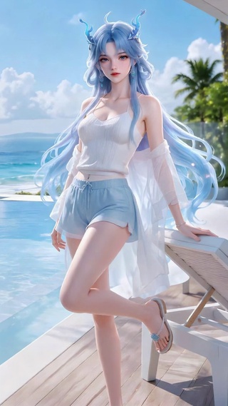 海边度假蓝发少女清宵