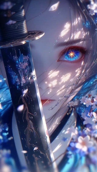 落花下海水里的古风动漫美女