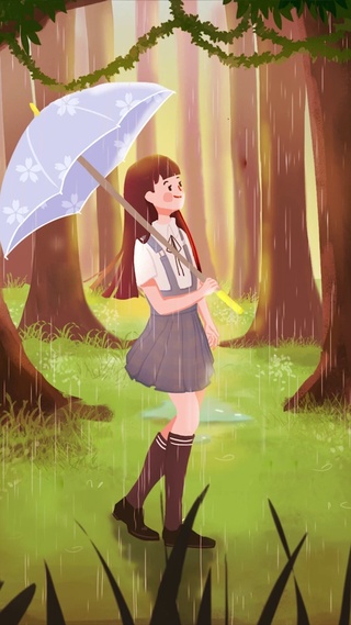 雨天森林中女孩