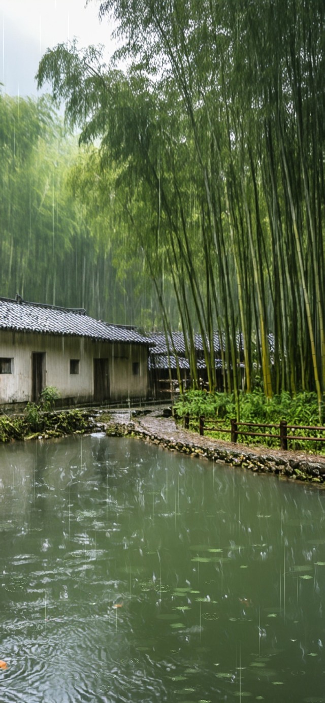 下雨竹林小屋