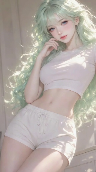 窗边浅绿长发清纯美少女