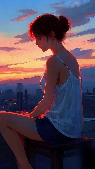 夕阳天台少女和宠喵
