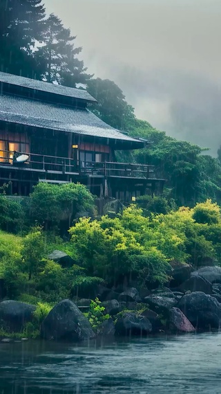 雨天云雾江边山庄