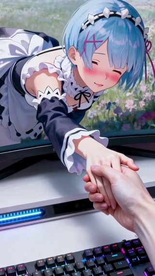 次元女仆女孩蓝发雷姆与现实互动