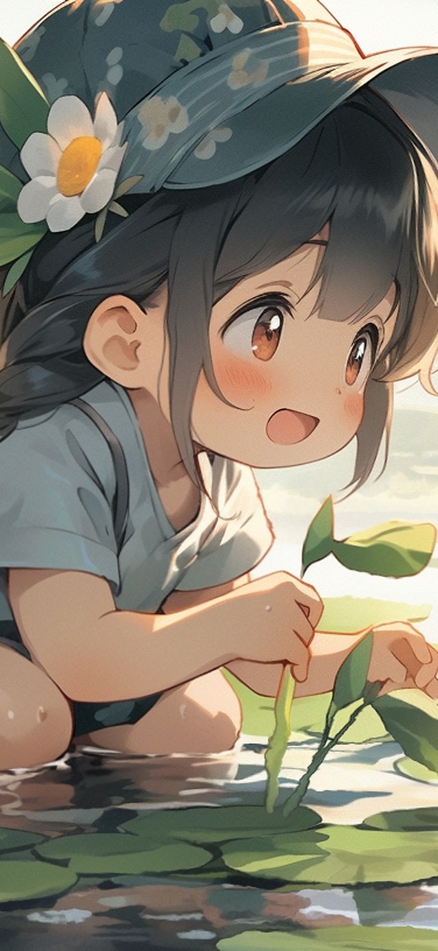 夏日池塘治愈可爱女孩