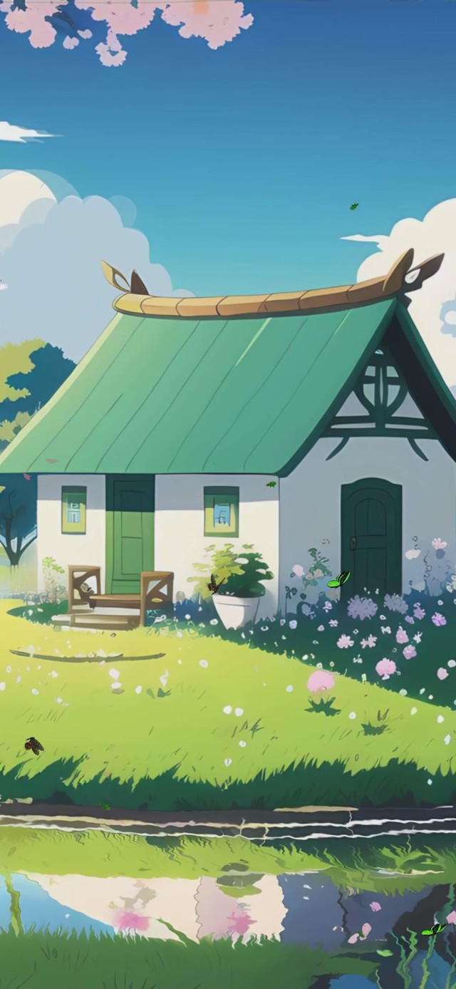 蓝天白云樱花树木房屋