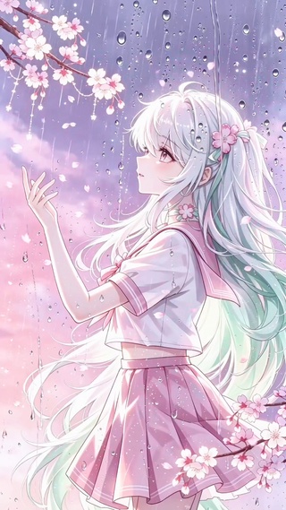 粉紫暮色雨夜的樱花少女