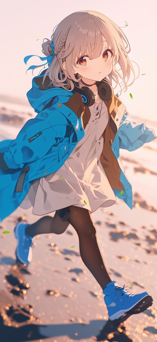 夕阳沙滩女孩