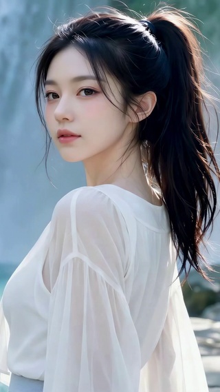 甜美少女瀑布侧影