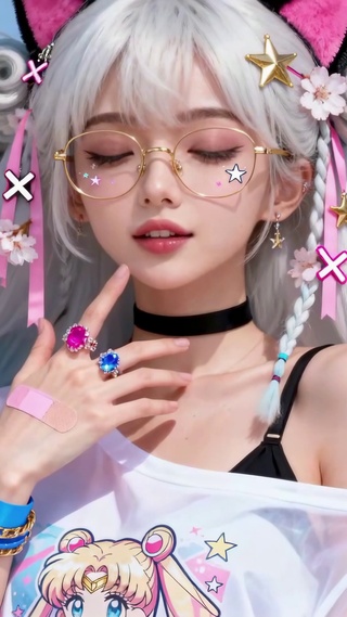 涂鸦墙下的猫耳银发甜酷少女