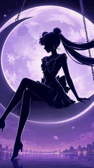紫月秋千美少女剪影