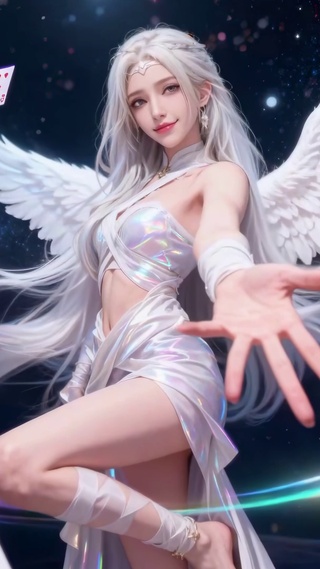 星空白发纸牌美女