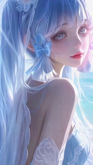 窗边蓝发二次元美少女