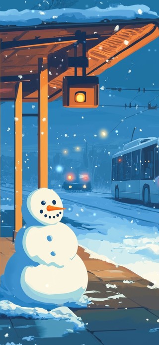冬夜雪中站台