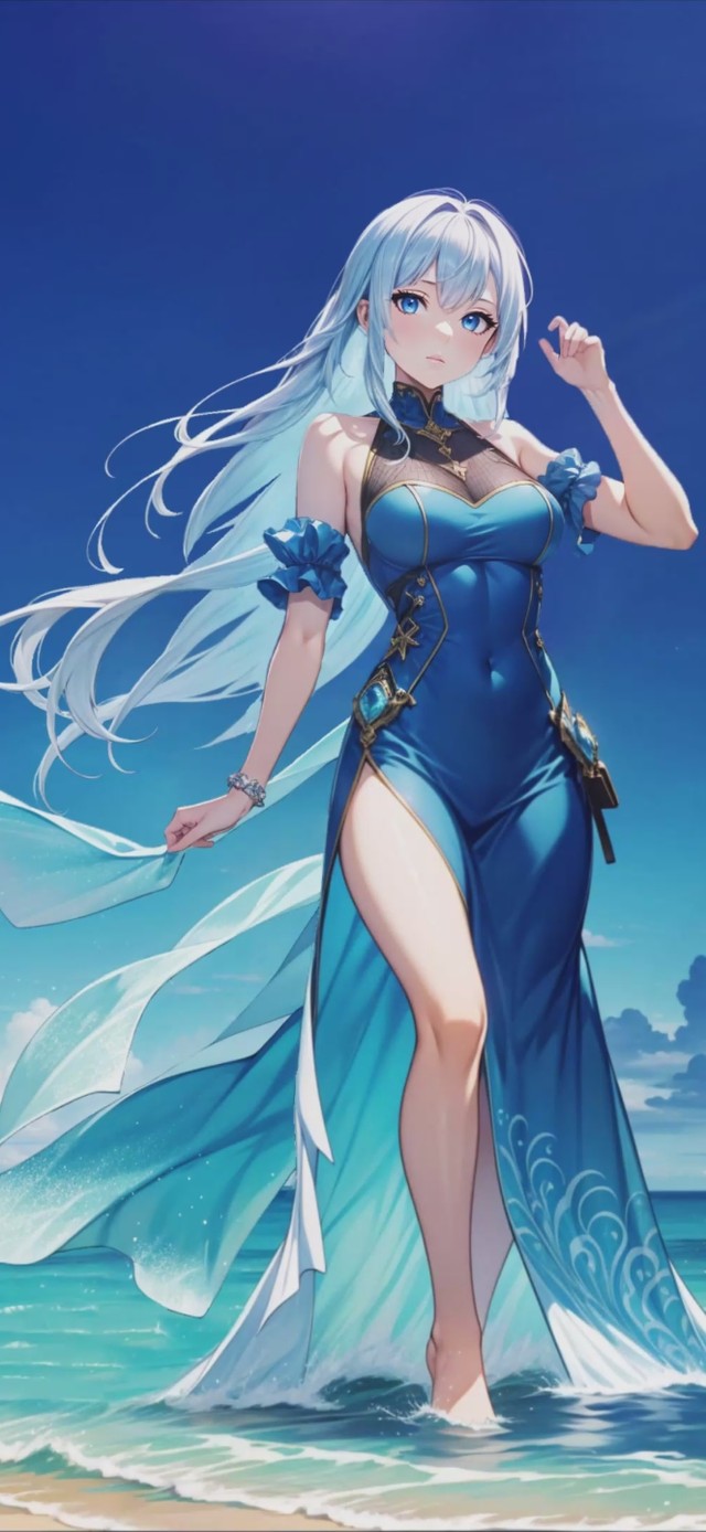 海边蓝色长裙少女