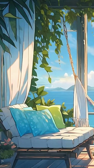 蓝天白云海景树木