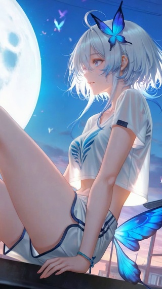 满月夜蓝蝶银发少女守岸人