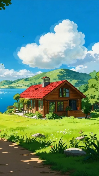 蓝天白云树木房屋