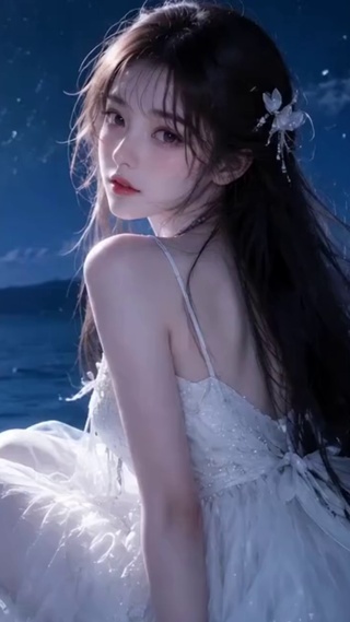 纯欲满月下的白裙少女