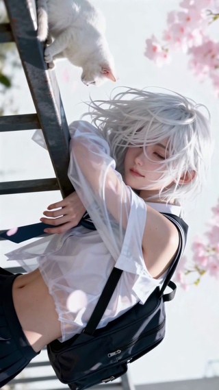 银发校服少女与白猫的治愈邂逅