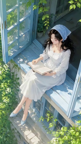 花墙窗边读书美少女