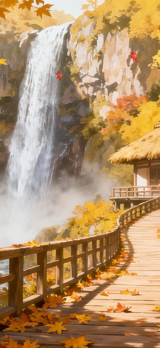 山中瀑布边的栈道小屋