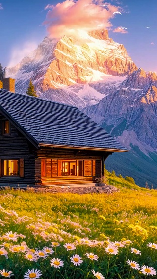 傍晚雪山高原木屋 