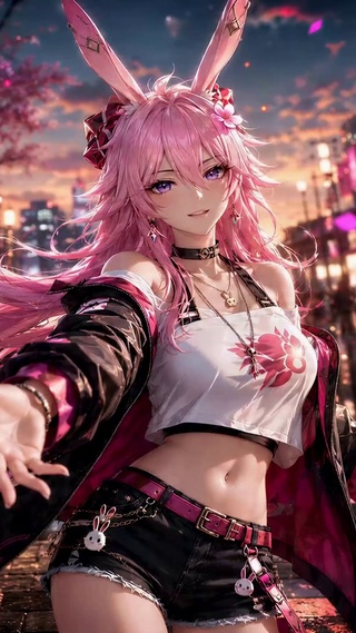 粉色兔耳美少女樱花街漫步