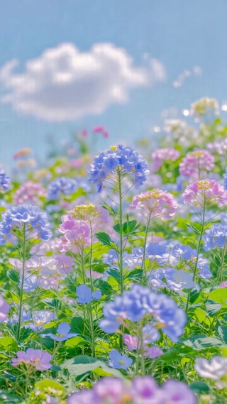 清新治愈春日蓝粉花海