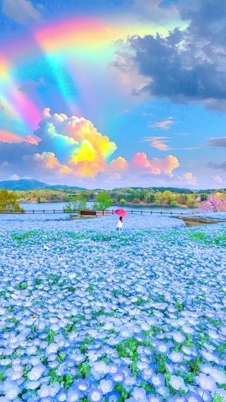 七彩祥云下的花海