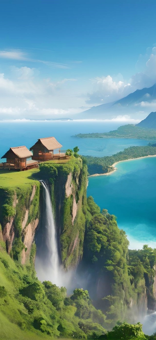 海边悬崖瀑布小屋