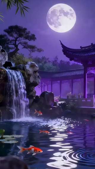 古风夜景池塘