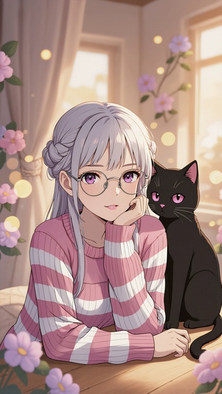 可爱女孩和黑猫