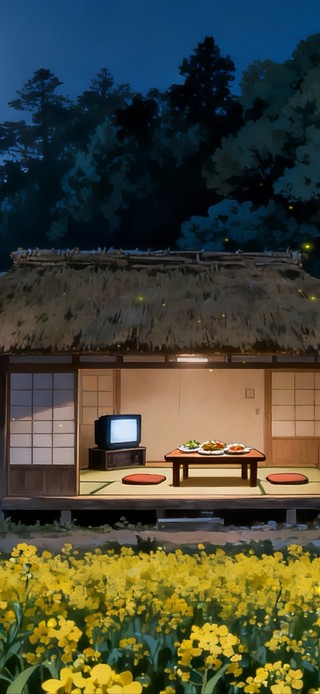 夜晚乡下油菜花田小屋