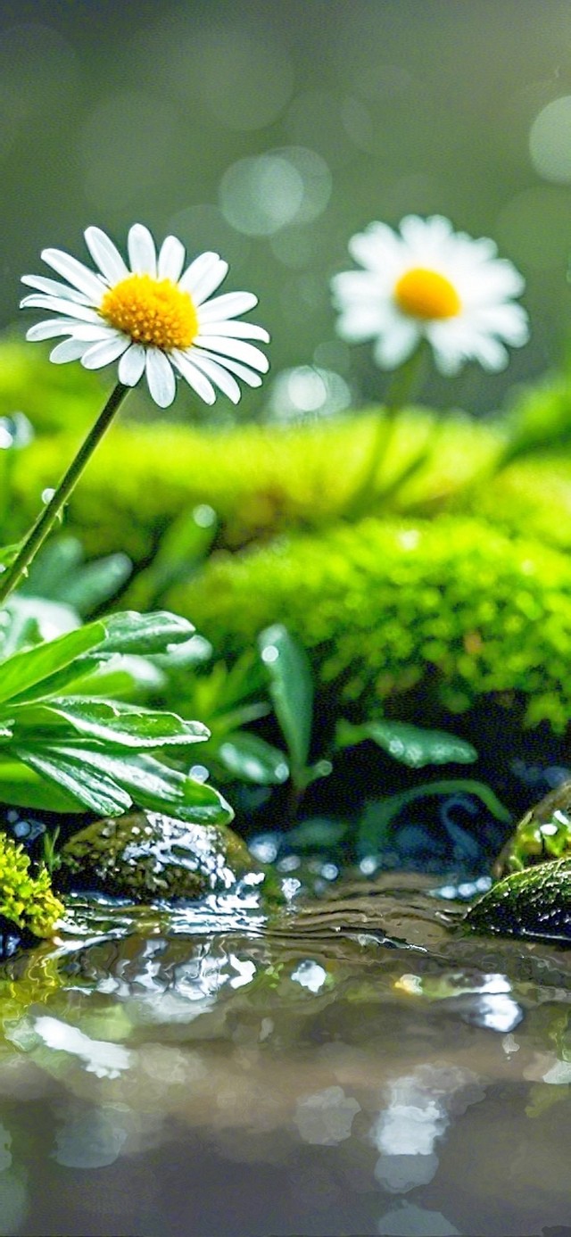 雨中溪边小雏菊