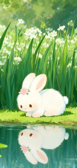鲜花湖边小兔