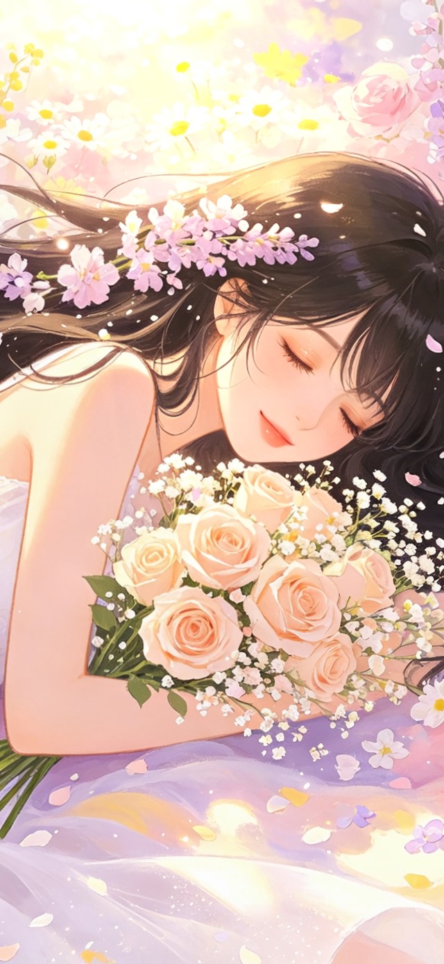 花漾壁纸|花丛中的白纱少女