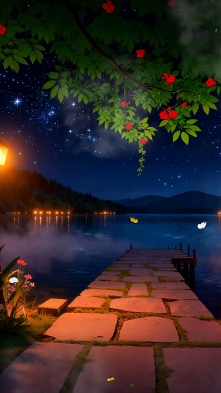 夜景树木河流景色