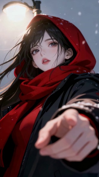 冬夜雪中红围巾美少女