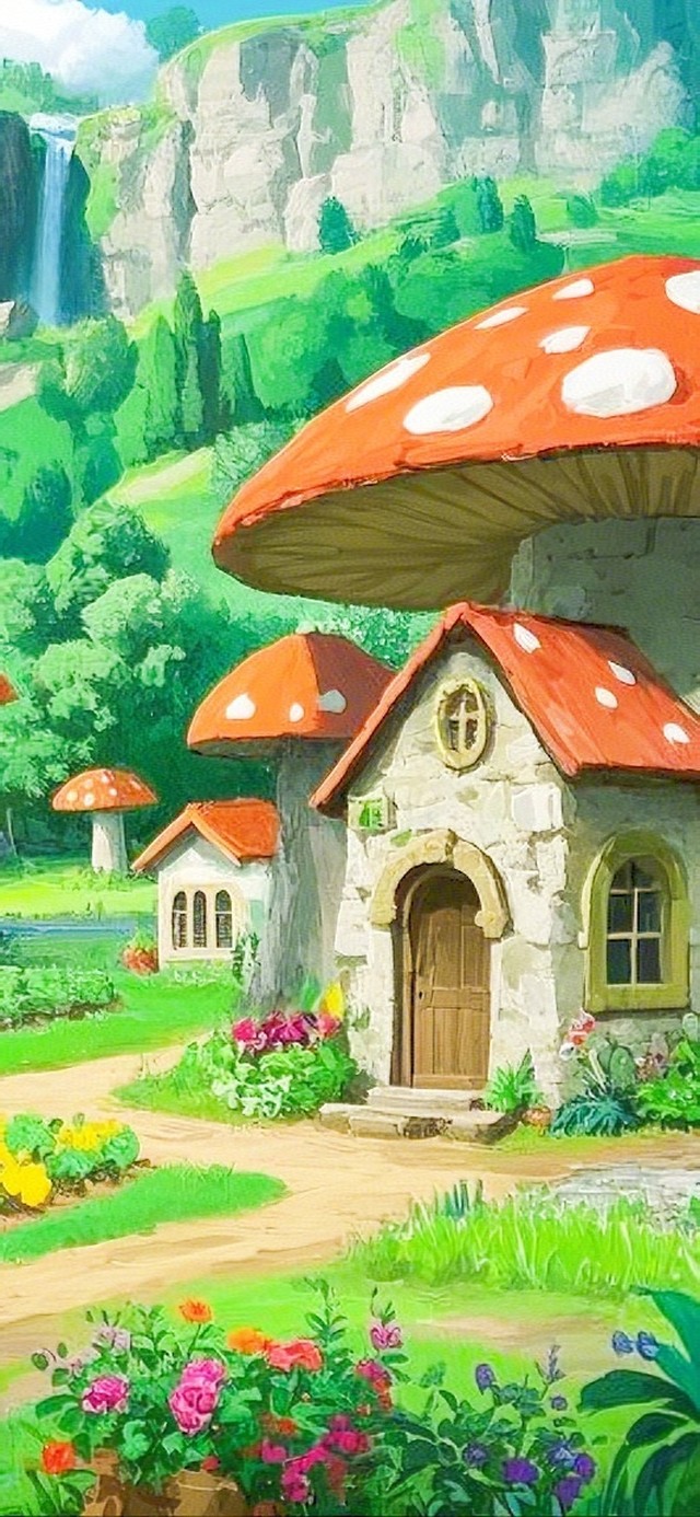 瀑布边的蘑菇小屋