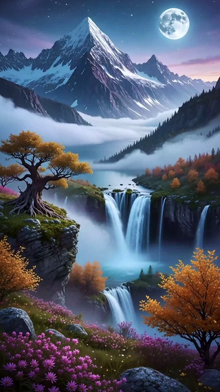 月浸秋山叠瀑