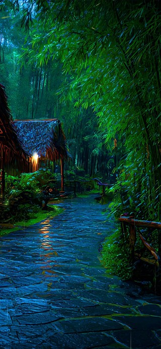 石径竹林茅屋雨