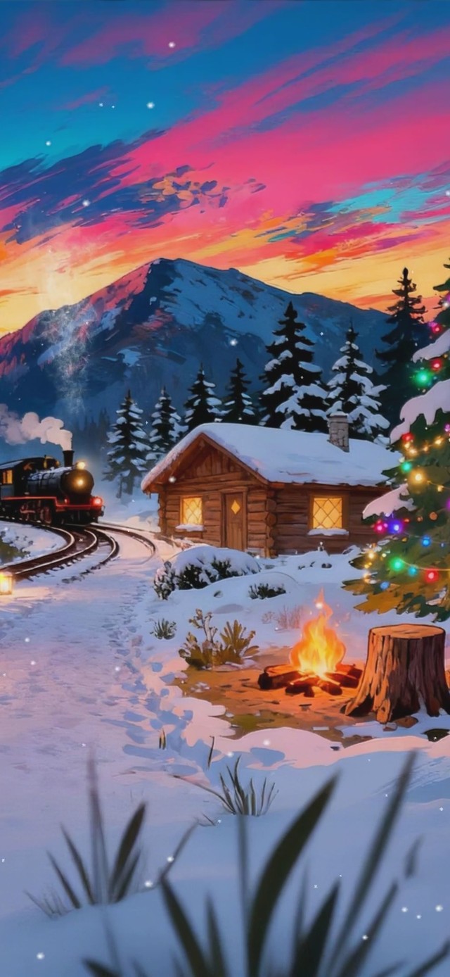 雪景圣诞夜樱花树木