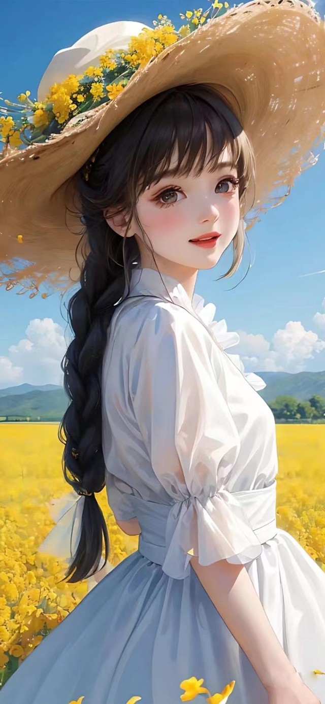 油菜花地里的草帽少女