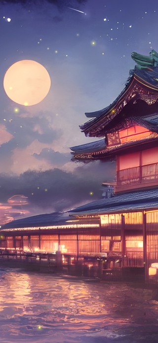 夜晚河边日式建筑