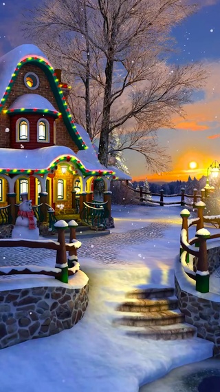 傍晚雪天温馨圣诞屋