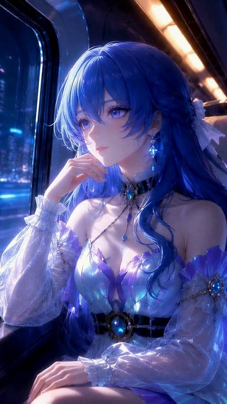 夜晚列车上的蓝发美少女